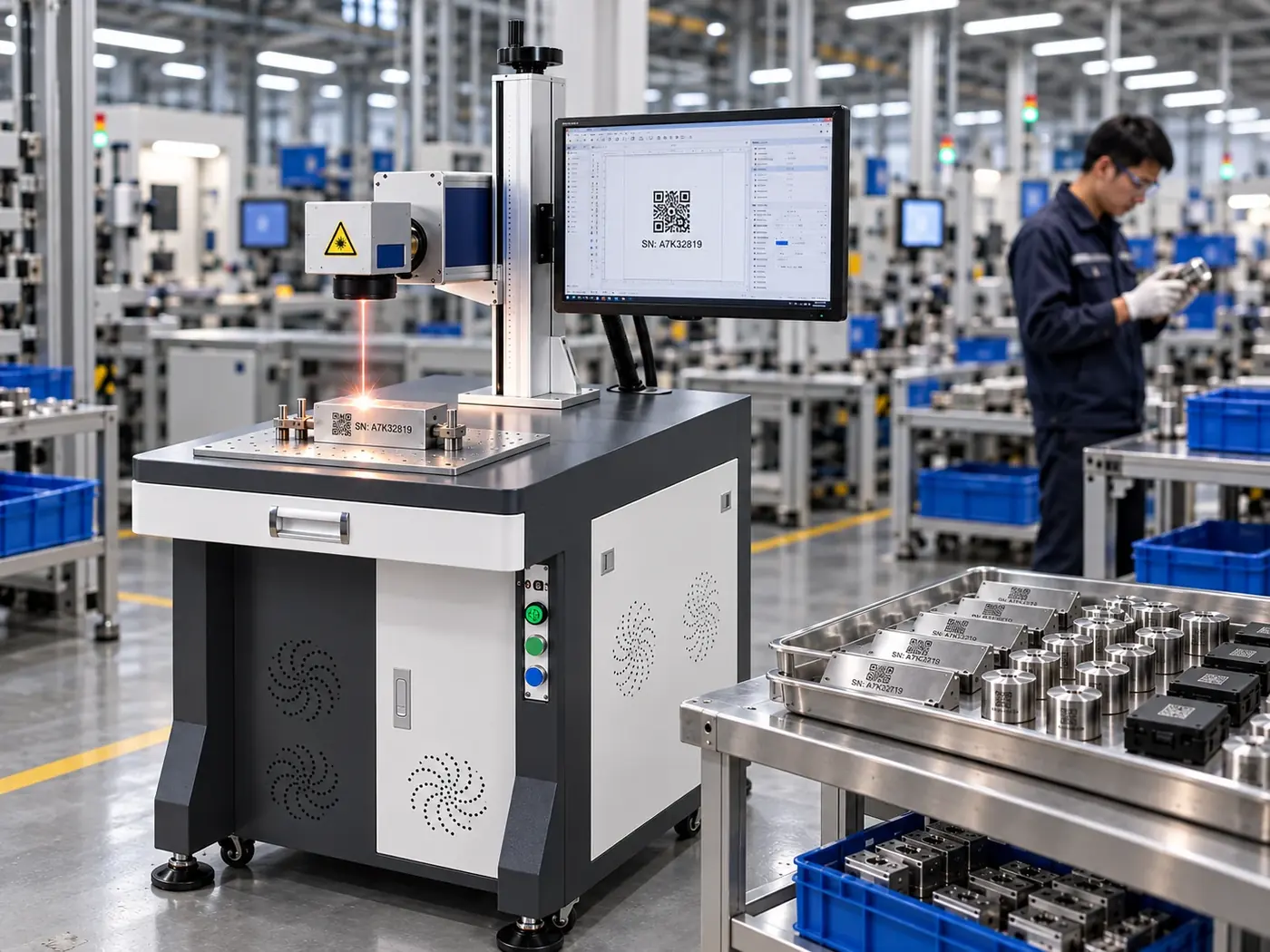 Gravadora a laser marcando peças na linha de produção