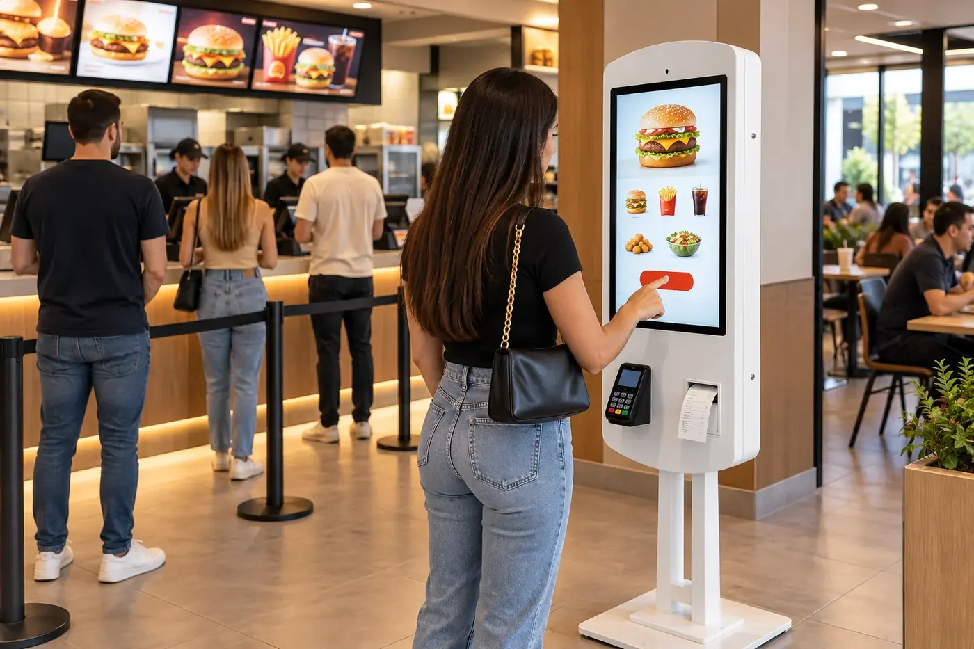 Cliente usando totem de autoatendimento em restaurante