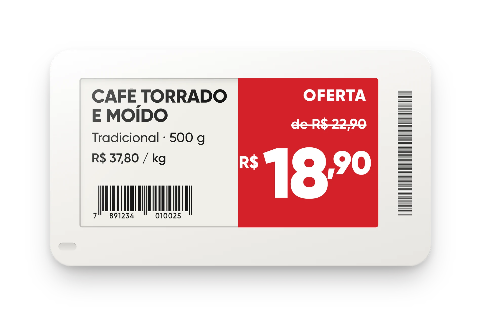 Etiqueta eletrônica de 2,6 polegadas com oferta de café, mostrando tela, bateria, LED, preço, rádio e espessura
