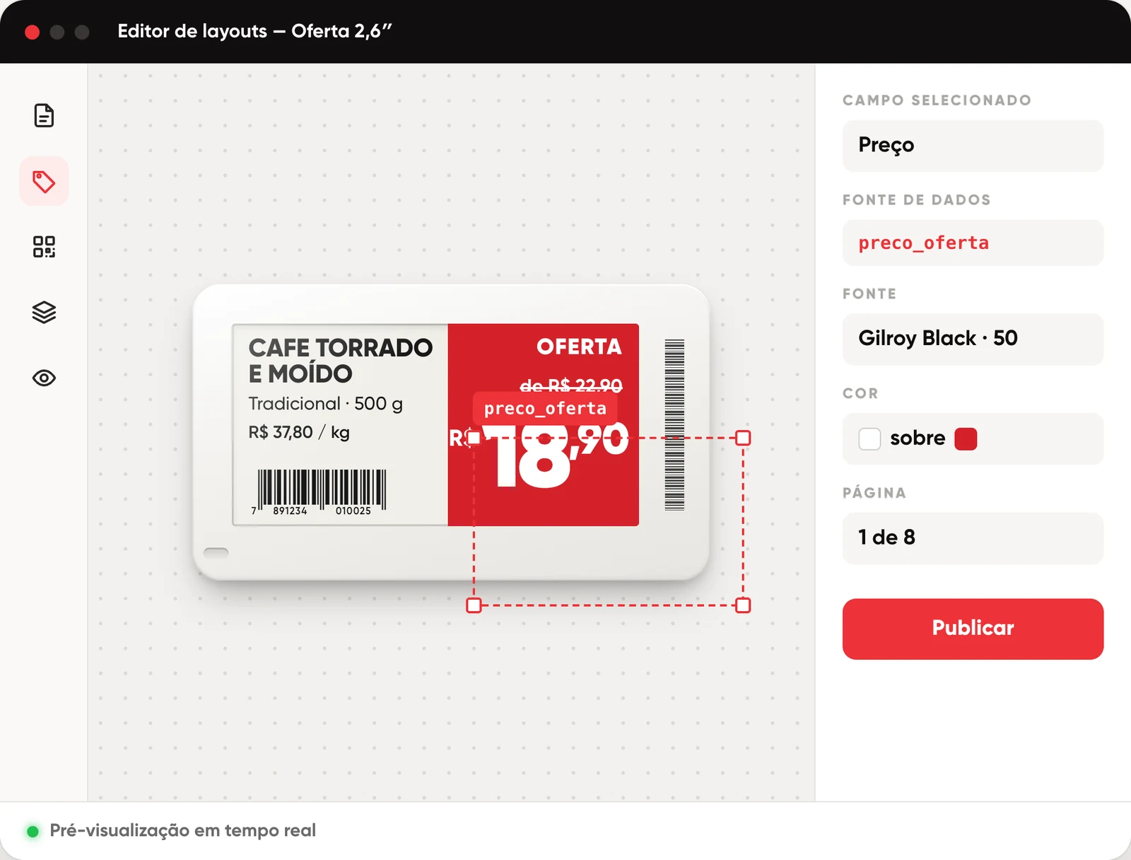 Tela ilustrativa do editor de layouts com a etiqueta de oferta em edição