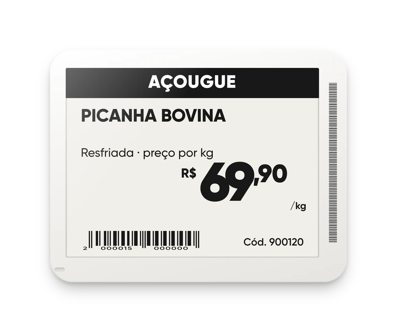 Etiqueta eletrônica de 4,2 polegadas do açougue, picanha a R$ 69,90 o quilo