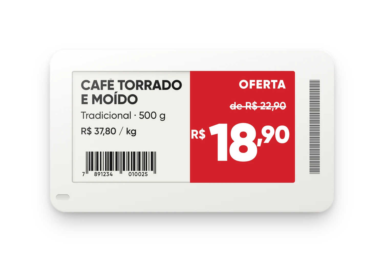 Etiqueta eletrônica com oferta de café: de R$ 22,90 por R$ 18,90