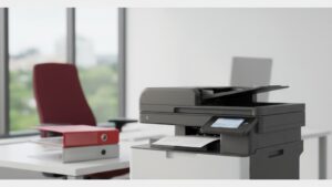 Impressora multifuncional em escritório corporativo, representando como funciona o outsourcing de impressão