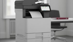 Impressora multifuncional em escritório corporativo, representando como funciona o outsourcing de impressão