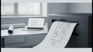Plotter de grande formato imprimindo uma planta técnica em escritório de engenharia, representando a locação de plotter para empresas