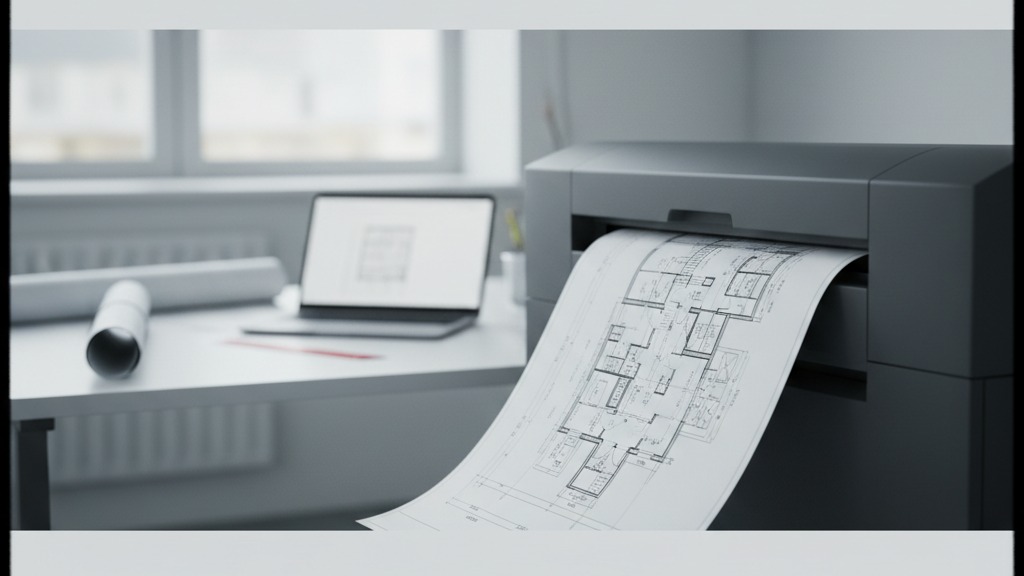 Plotter de grande formato imprimindo uma planta técnica em escritório de engenharia, representando a locação de plotter para empresas