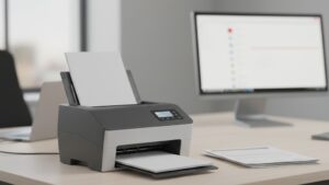 Scanner corporativo de mesa com alimentador automático de documentos digitalizando uma pilha de papéis em escritório corporativo, com tela ao fundo mostrando os arquivos sendo indexados