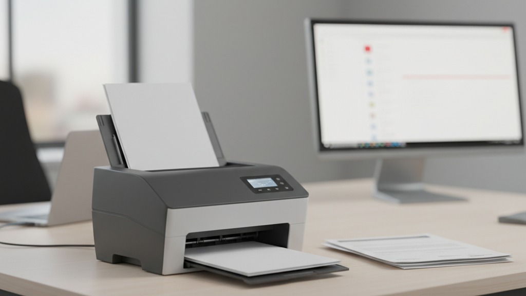 Scanner corporativo de mesa com alimentador automático de documentos digitalizando uma pilha de papéis em escritório corporativo, com tela ao fundo mostrando os arquivos sendo indexados