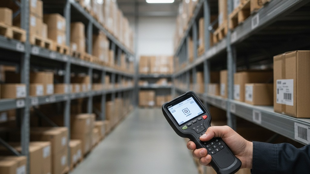 Operador de centro de distribuição usando coletor de dados sem fio para ler o código de barras de uma etiqueta em uma caixa de estoque, demonstrando como organizar estoque com código de barras