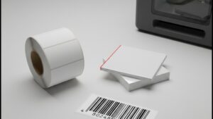 Rolos e etiquetas para código de barras em materiais diferentes, papel fosco e poliéster brilhante, com uma etiqueta impressa mostrando um código de barras nítido sobre mesa clara