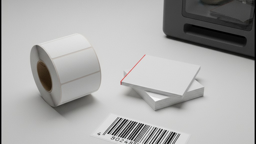 Rolos e etiquetas para código de barras em materiais diferentes, papel fosco e poliéster brilhante, com uma etiqueta impressa mostrando um código de barras nítido sobre mesa clara