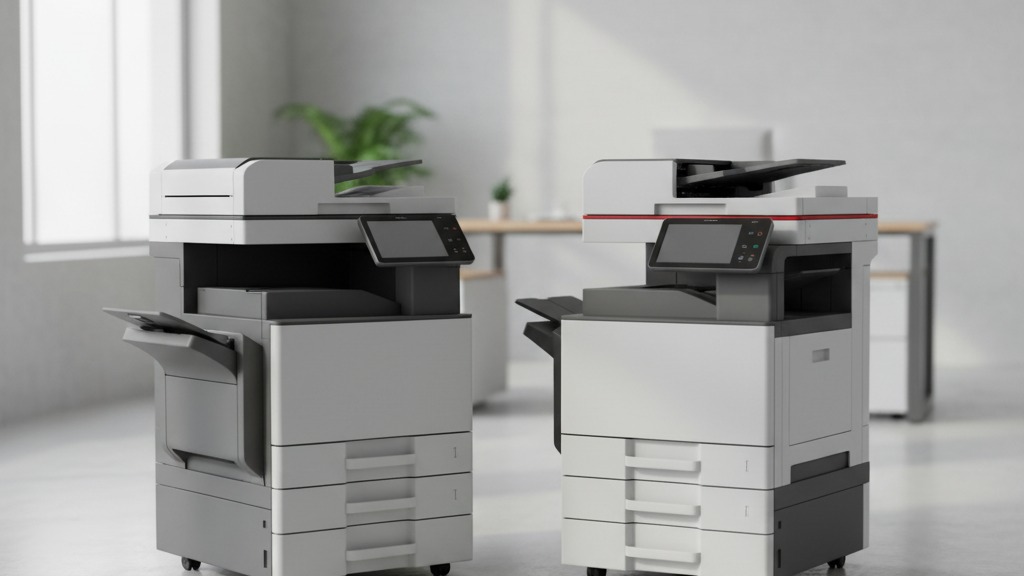 Duas impressoras multifuncionais de escritório lado a lado em ambiente corporativo, ilustrando a comparação entre impressora multifuncional colorida ou mono
