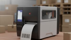 Impressora térmica para logística imprimindo etiqueta com código de barras em ambiente de expedição, com rolo de ribbon visível ao lado do equipamento