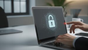 Profissional de TI configurando segurança de dados em notebook corporativo, com ícone de cadeado digital na tela em ambiente de escritório