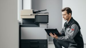 Técnico de suporte técnico para impressoras corporativas realizando diagnóstico rápido em impressora multifuncional de escritório, com tablet e checklist de chamado