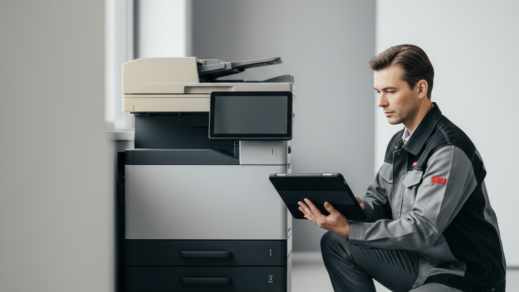 Técnico de suporte técnico para impressoras corporativas realizando diagnóstico rápido em impressora multifuncional de escritório, com tablet e checklist de chamado