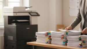 Impressora multifuncional genérica em secretaria escolar com pilhas organizadas de material impresso, ilustrando outsourcing de impressão para escolas