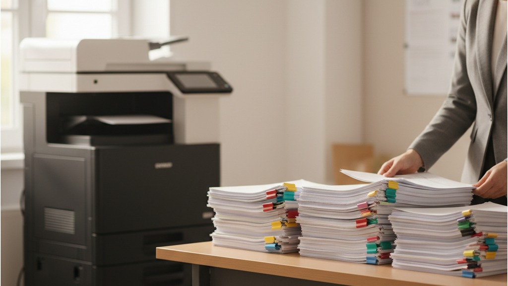 Impressora multifuncional genérica em secretaria escolar com pilhas organizadas de material impresso, ilustrando outsourcing de impressão para escolas