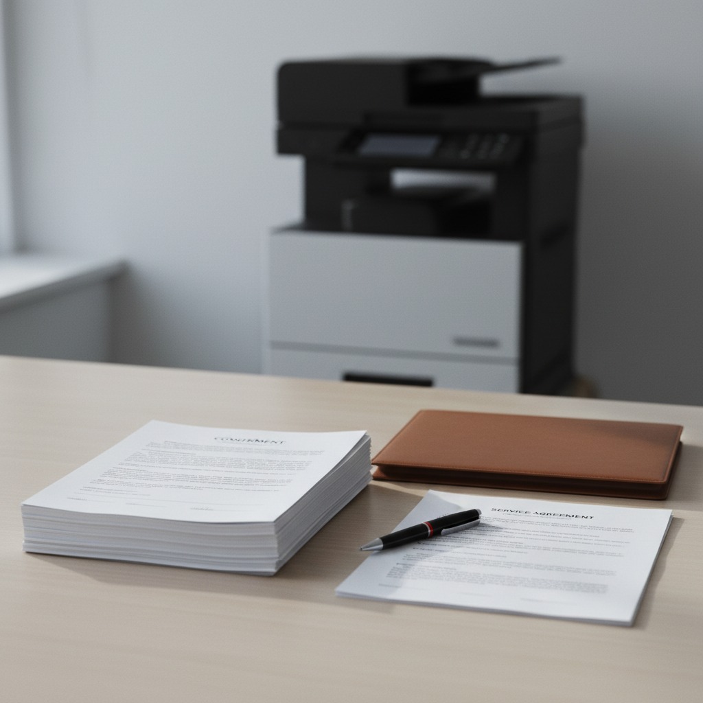 Duas propostas de contrato lado a lado sobre uma mesa de escritório, com caneta e pasta de documentos, simbolizando a comparação entre leasing ou locação de impressoras, com uma impressora multifuncional genérica desfocada ao fundo