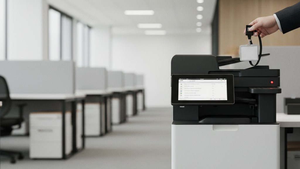 Colaborador autenticando com crachá no painel de uma impressora multifuncional corporativa para liberar impressão em fila, ilustrando como reduzir o consumo de papel na empresa com controle técnico