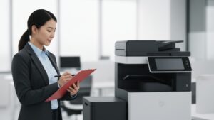 Profissional de TI conferindo checklist de migração ao lado de uma impressora multifuncional em escritório corporativo, simbolizando a troca de fornecedor de outsourcing de impressão sem parar a operação