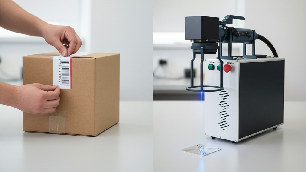 Comparação entre etiqueta de código de barras aplicada em caixa e gravação a laser marcando a superfície de uma peça em ambiente limpo de oficina