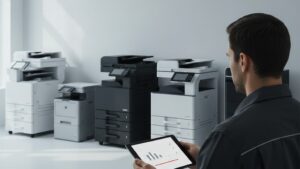 Técnico analisa em um tablet o painel de gestão consolidado de um parque de impressão multimarca, com impressoras multifuncionais de formatos e cores diferentes organizadas lado a lado em um escritório corporativo