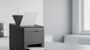 Scanner de mesa corporativo com alimentador automático de folhas digitalizando documentos em papel sobre uma mesa de escritório, representando um projeto de gestão eletrônica de documentos