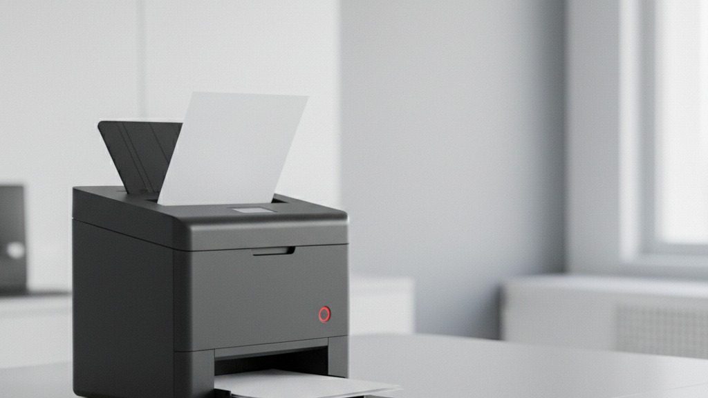 Scanner de mesa corporativo com alimentador automático de folhas digitalizando documentos em papel sobre uma mesa de escritório, representando um projeto de gestão eletrônica de documentos