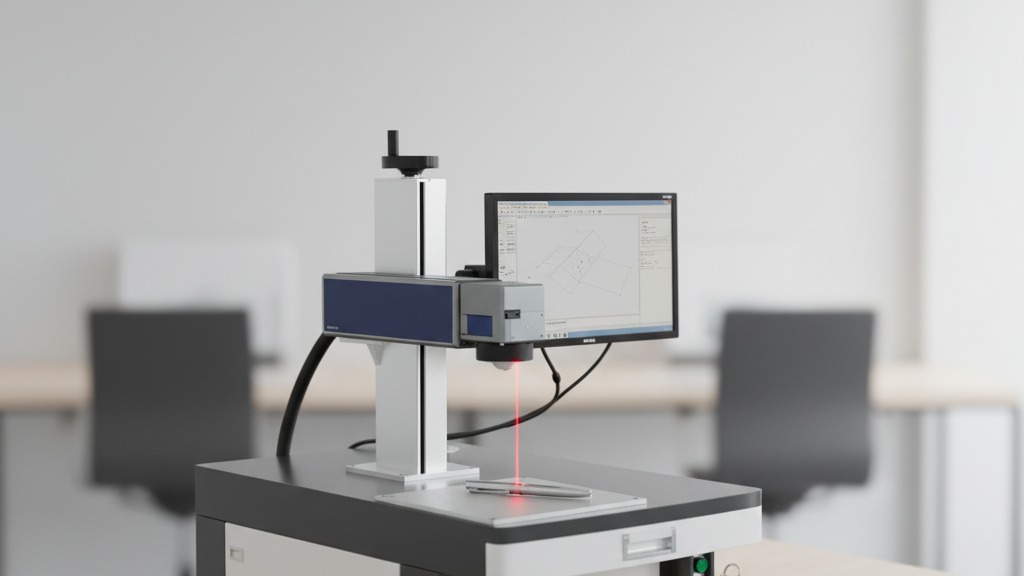 Máquina de gravação a laser marcando uma caneta metálica sobre bancada limpa, ao lado de um chaveiro e um porta-copo de madeira, ilustrando a personalização de brindes corporativos