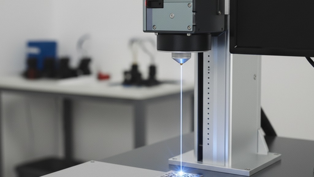 Gravadora a laser realizando gravação a laser para rastreabilidade industrial, marcando um código Data Matrix diretamente na superfície de uma peça metálica industrial sobre bancada