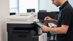 Técnico realizando manutenção corretiva de impressora multifuncional em escritório corporativo, com painel lateral aberto e ferramenta em mão