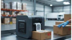 Impressora térmica industrial sem marca visível aplicando etiqueta de código de barras em caixa durante outsourcing de impressão em centro de distribuição, com armazém desfocado ao fundo