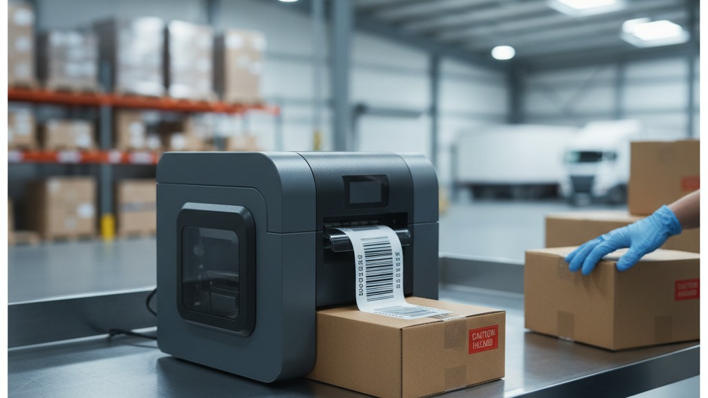 Impressora térmica industrial sem marca visível aplicando etiqueta de código de barras em caixa durante outsourcing de impressão em centro de distribuição, com armazém desfocado ao fundo