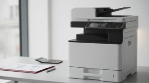 Impressora multifuncional de escritório sem marca visível ao lado de documento com gráfico, calculadora e caneta, ilustrando quanto custa alugar impressora para empresa