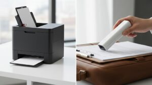 Comparativo entre scanner de mesa corporativo com alimentador automático de documentos digitalizando uma pilha de papéis em escritório e scanner portátil compacto alimentado por bateria sendo usado em campo