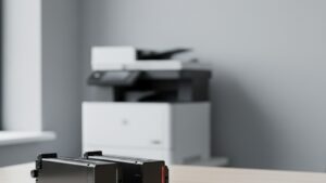 Dois cartuchos de toner sem marca sobre uma mesa de escritório, com impressora multifuncional desfocada ao fundo, ilustrando a comparação entre toner original e compatível