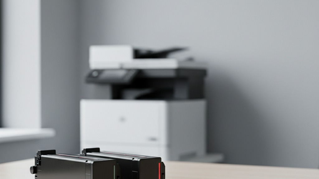 Dois cartuchos de toner sem marca sobre uma mesa de escritório, com impressora multifuncional desfocada ao fundo, ilustrando a comparação entre toner original e compatível