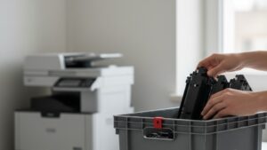 Cartuchos de toner vazios sendo organizados em caixa de coleta identificada para descarte de toner e impressora dentro da logística reversa corporativa