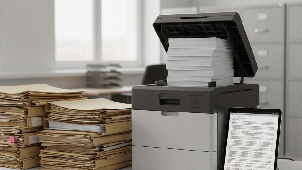 Scanner corporativo de alta produtividade com alimentador automático digitalizando pilhas de contratos e autos jurídicos em um escritório de advocacia, com tela exibindo texto digitalizado pesquisável