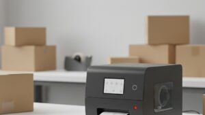 Impressora de etiquetas para e-commerce imprimindo etiqueta térmica de envio em bancada de expedição organizada