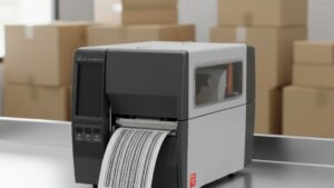Impressora térmica industrial imprimindo etiqueta de código de barras em bancada de expedição de e-commerce, com caixas ao fundo representando locação de impressora para Black Friday
