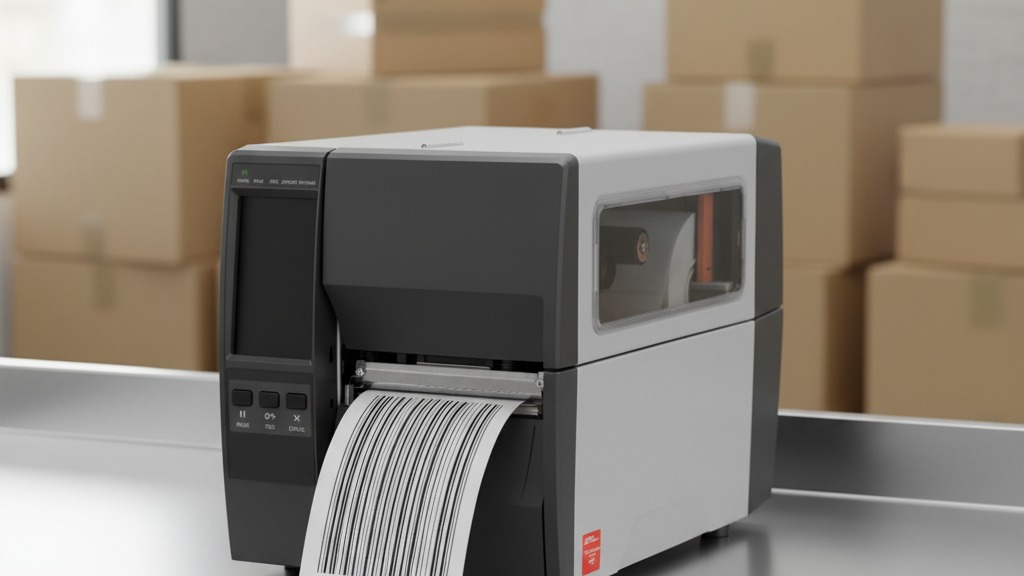 Impressora térmica industrial imprimindo etiqueta de código de barras em bancada de expedição de e-commerce, com caixas ao fundo representando locação de impressora para Black Friday