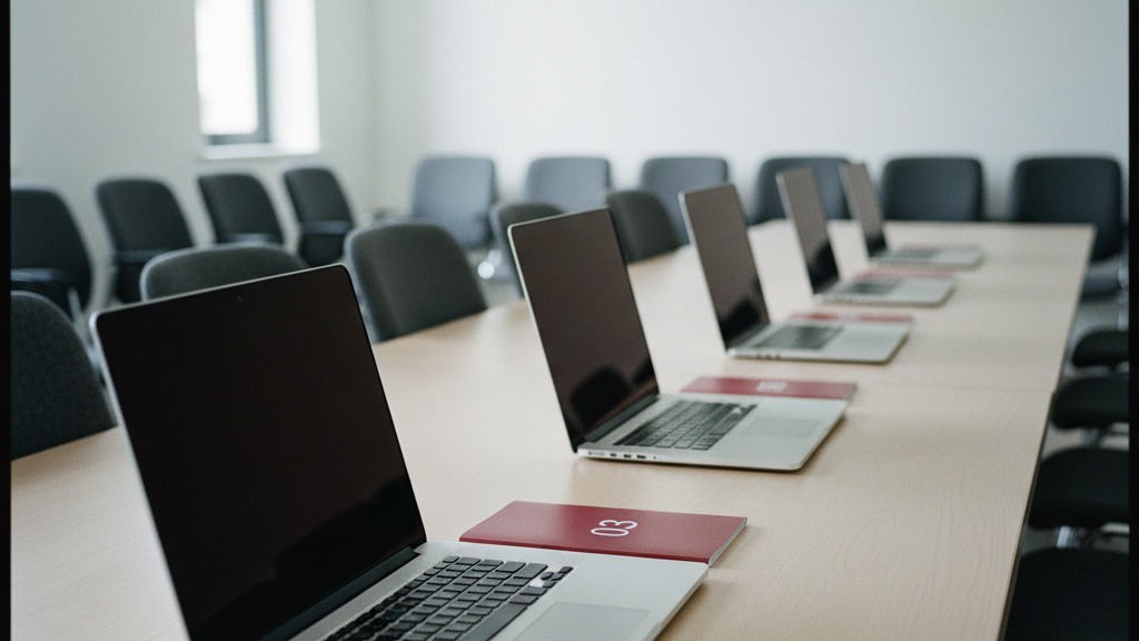 Sala de treinamento corporativo com múltiplos notebooks idênticos organizados lado a lado em mesa longa, prontos para locação de notebook para eventos e treinamentos