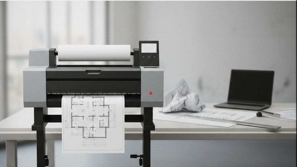 Plotter de grande formato imprimindo uma planta técnica com linhas e cotas em escritório de arquitetura e engenharia, mesa com projeto e notebook ao fundo