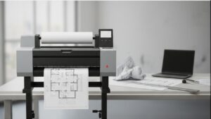 Plotter de grande formato imprimindo uma planta técnica com linhas e cotas em escritório de arquitetura e engenharia, mesa com projeto e notebook ao fundo