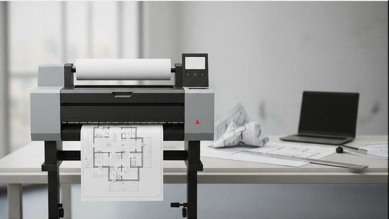 Plotter de grande formato imprimindo uma planta técnica com linhas e cotas em escritório de arquitetura e engenharia, mesa com projeto e notebook ao fundo