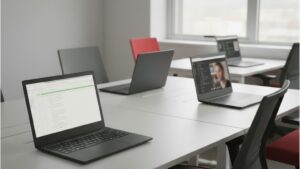 Notebooks corporativos genéricos sobre mesas distintas de escritório, representando diferentes configurações de notebook corporativo para cada perfil de uso