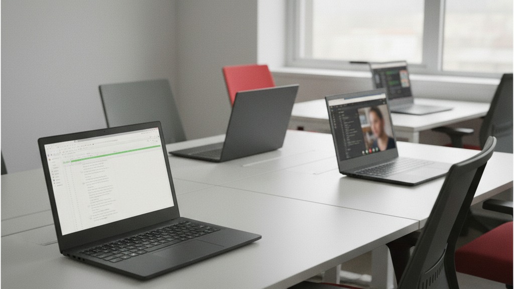 Notebooks corporativos genéricos sobre mesas distintas de escritório, representando diferentes configurações de notebook corporativo para cada perfil de uso