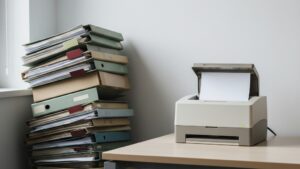 Pilha de pastas e caixas de arquivo físico empilhadas ao lado de uma mesa de escritório onde um scanner corporativo digitaliza documentos, ilustrando o custo de guardar arquivo físico na empresa